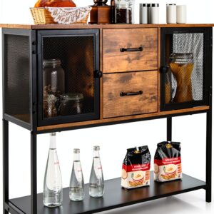 Buffet industriel COSTWAY marron rangement tiroirs cuisine-0